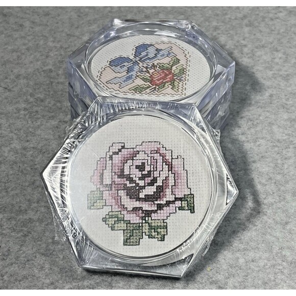 Vtg Acrylic Coasters MCG Textiles Cross Stitch Kit Butterfly Heart Rose Lot Of 4 - Picture 9 of 15